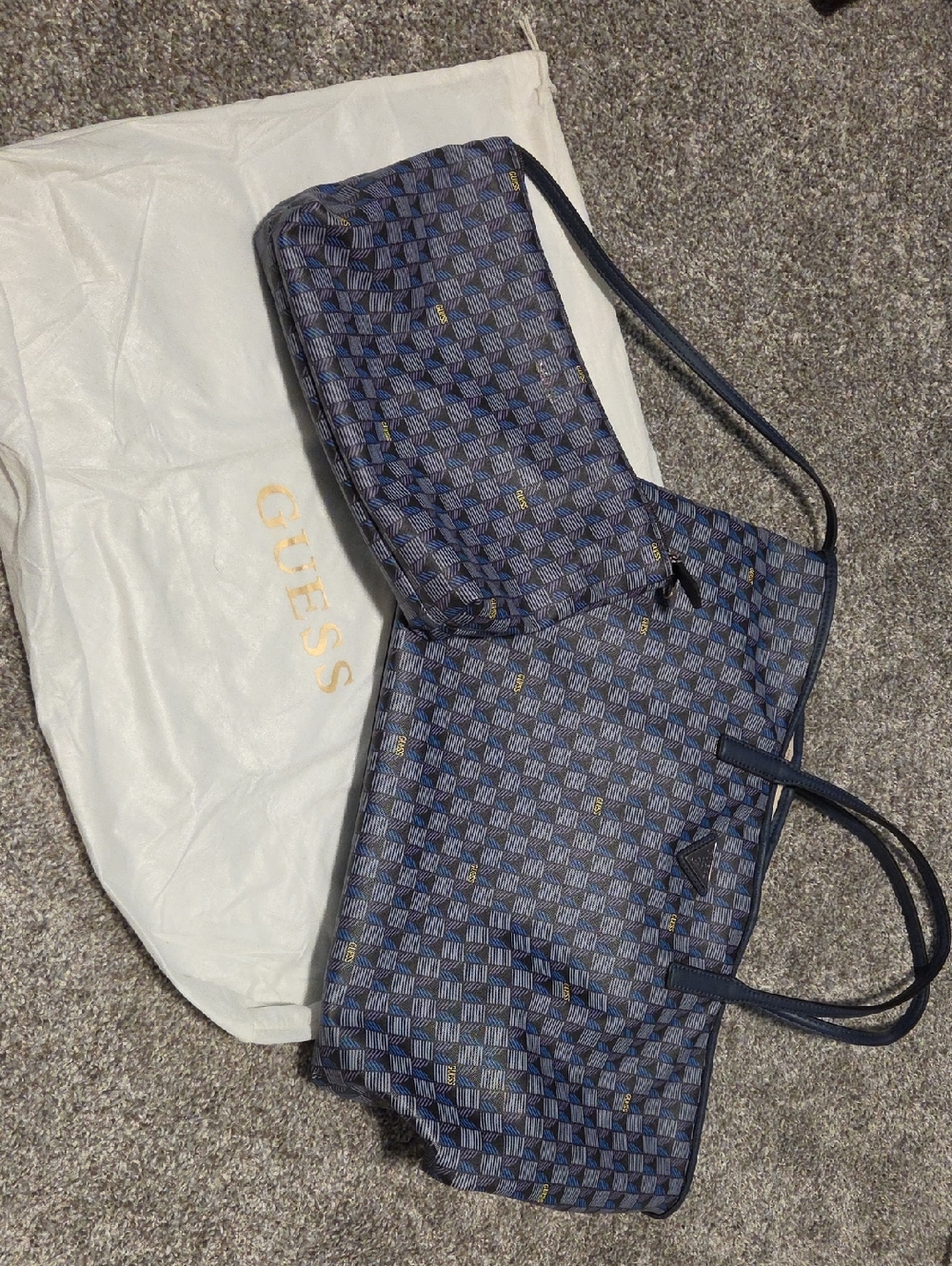 GUESS Navy Blue Checker Tote with Matching Pouch